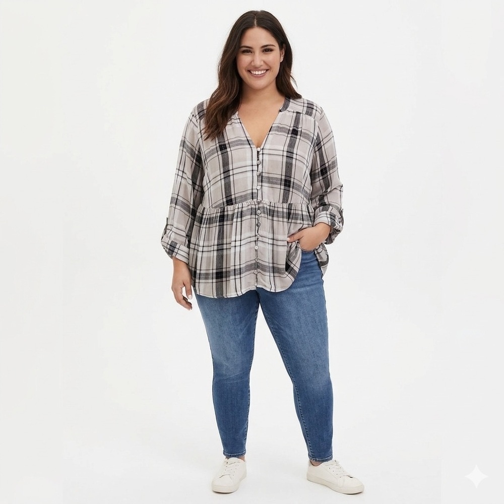 Torrid Plaid Babydoll Rayon Twill Button Front Top Size Large 0